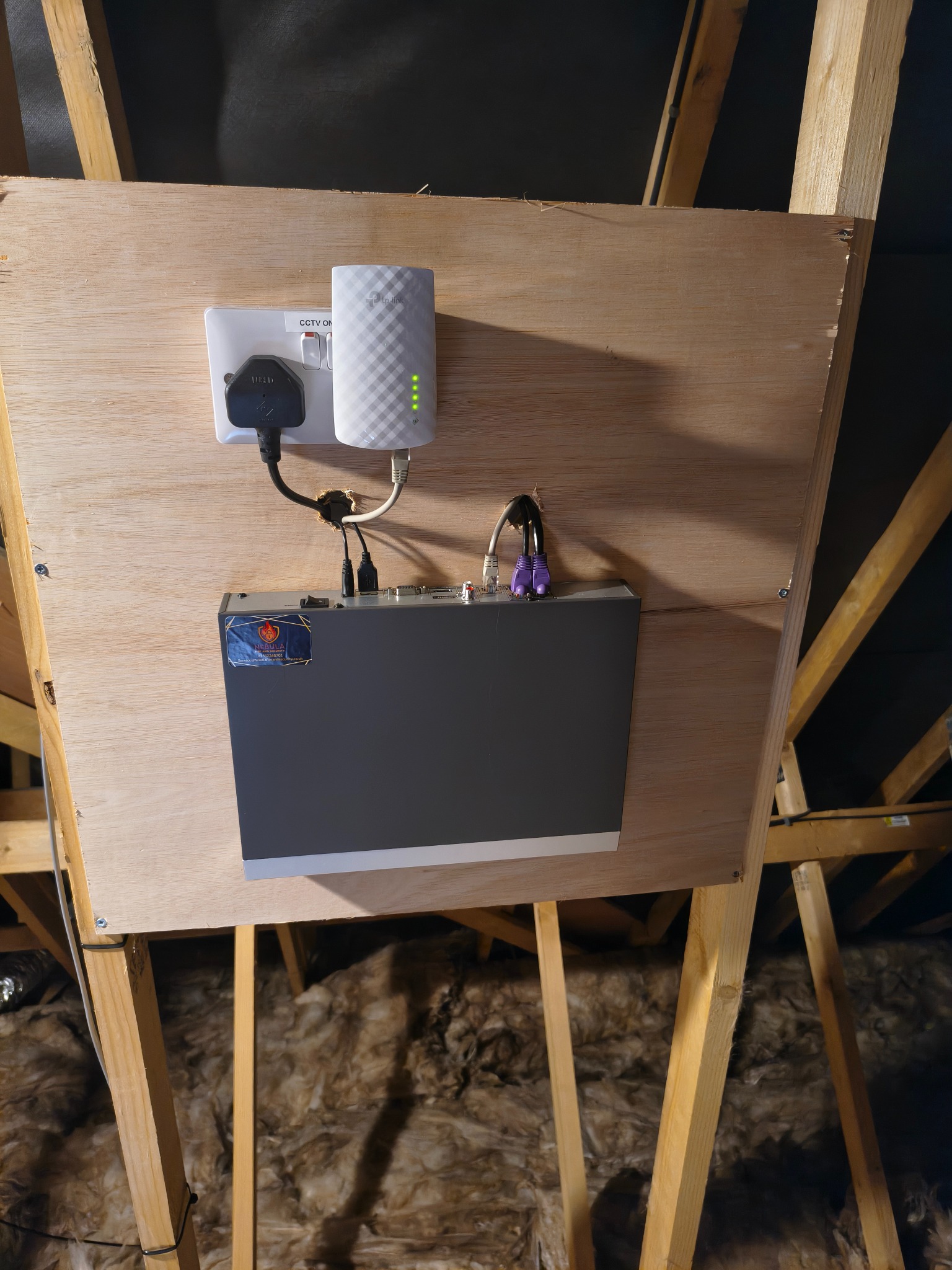 CCTV recorder and network connection mounted in a loft