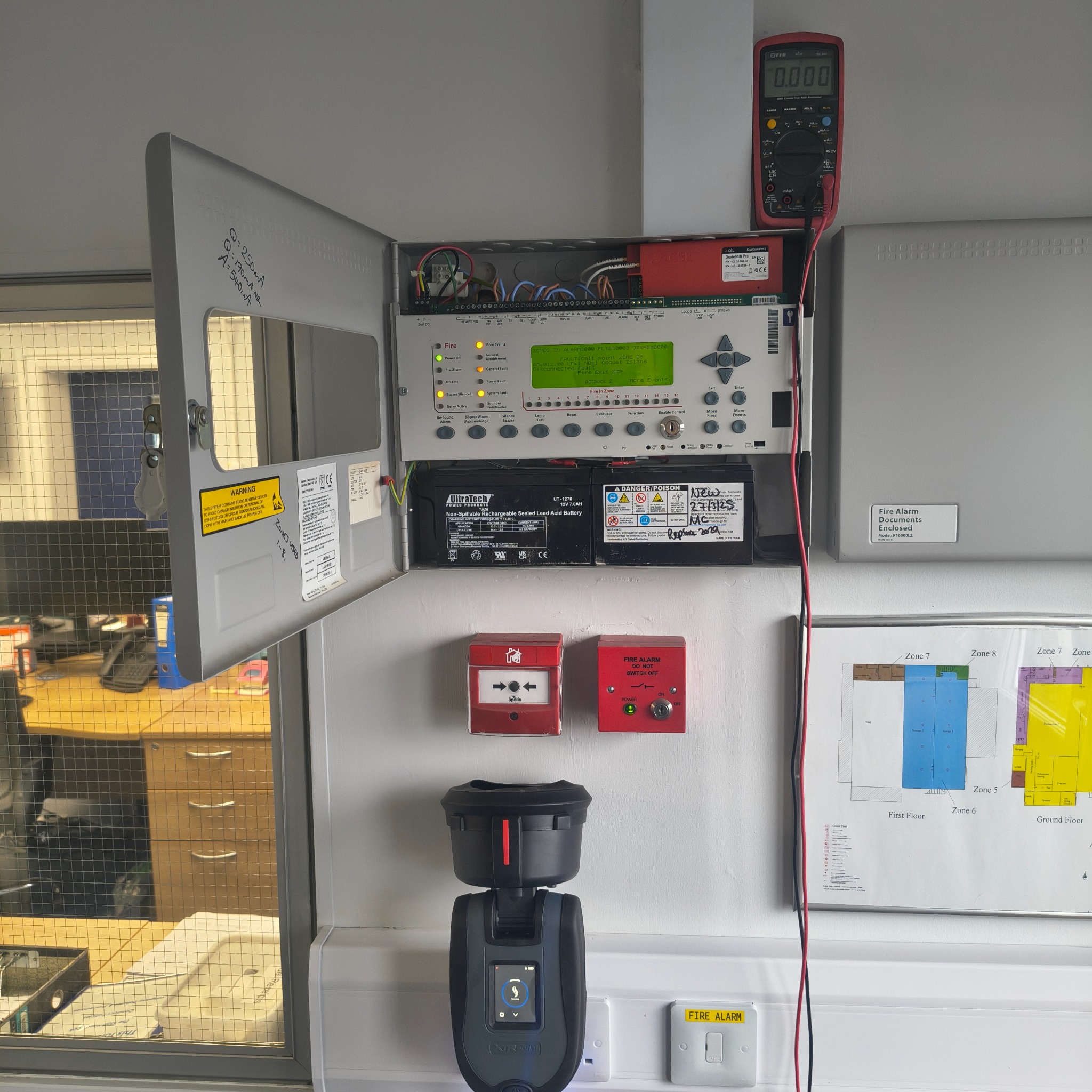 Fire alarm panel with manual call points and testing equipment
